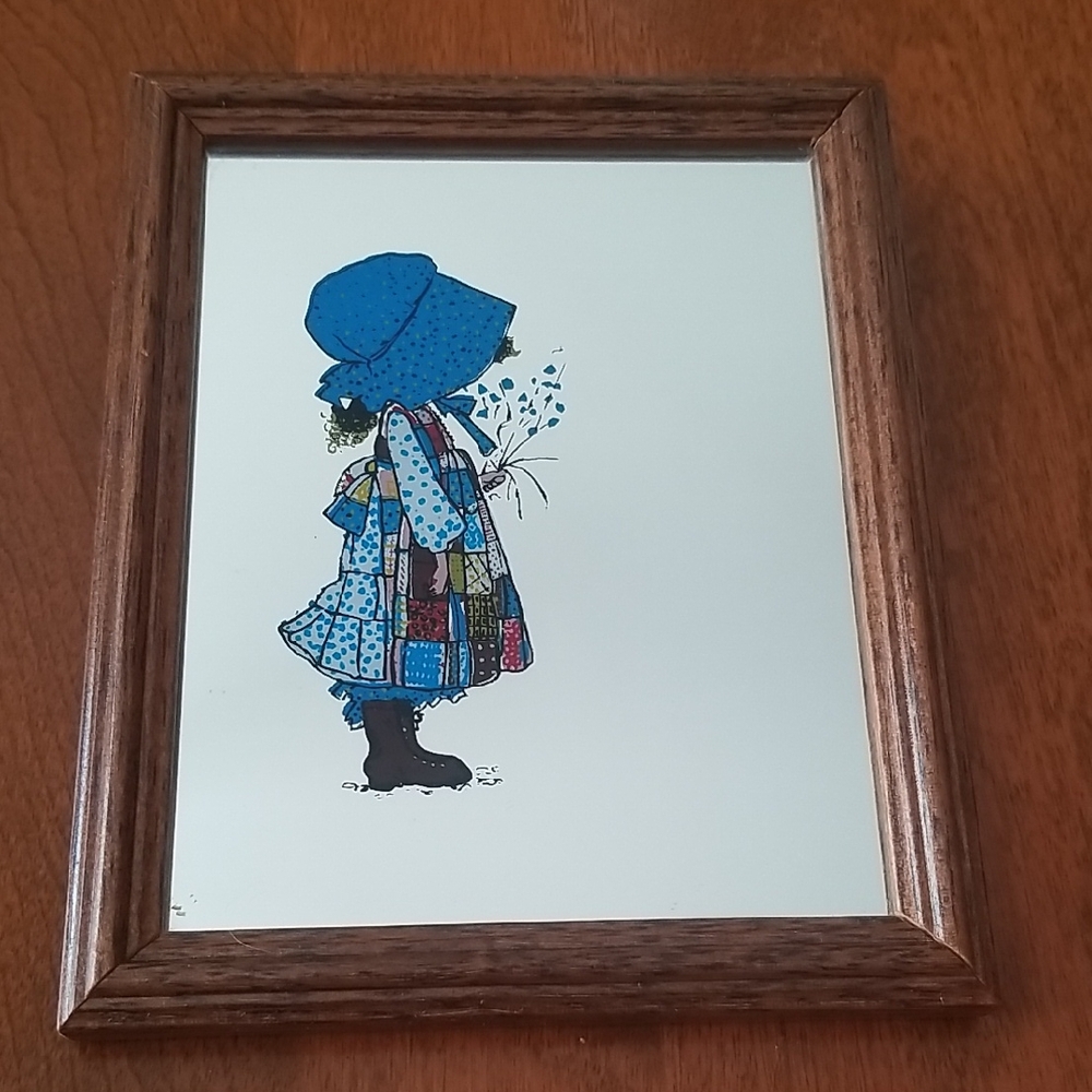 Charming Blue Patchwork Holly Hobbie Girl Framed Mirror Art